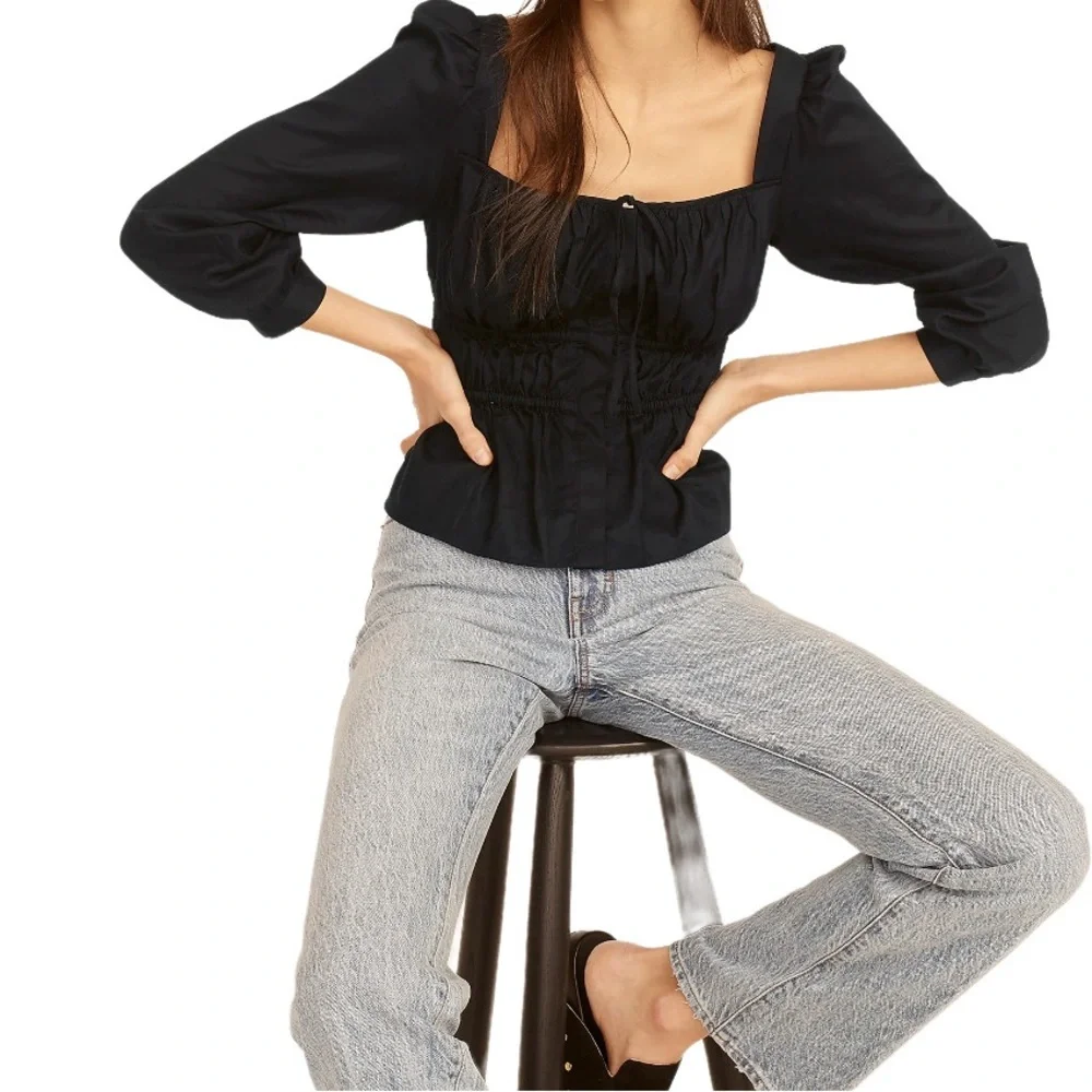 J. Crew - Cinched-Waist Top in Black Herringbone Cotton